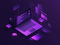 Isometric Laptop Coding Interface Purple Neon Design, Software Development, Web Design Software Development, Web Design Royalty Free Stock Photo