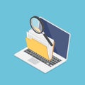 Isometric Laptop Computer with Folders and Magnifying Glass on Screen Royalty Free Stock Photo