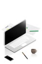 Isometric laptop computer with smart phone and brown cup of coffee isolated on white background Royalty Free Stock Photo