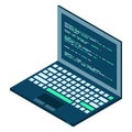 Isometric Laptop. 3d isometric laptop computer. Abstract programming language and program code on a laptop screen. Vector Royalty Free Stock Photo