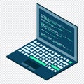 Isometric Laptop. 3d isometric laptop computer. Abstract programming language and program code on a laptop screen. Vector Royalty Free Stock Photo