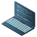 Isometric Laptop. 3d isometric laptop computer. Abstract programming language and program code on a laptop screen. Vector Royalty Free Stock Photo