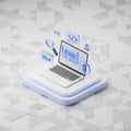 Isometric Laptop Displaying Data with Digital Icons on Abstract Geometric Background computer Royalty Free Stock Photo
