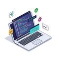 Isometric laptop displaying programming code with colorful icons in modern flat design Royalty Free Stock Photo
