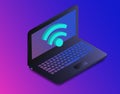 Isometric laptop with free internet, wifi. Isometric icon sign of wi-fi signal with laptop. Portable device concept on ultraviolet