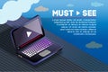 Isometric laptop video watching vector template with clouds Royalty Free Stock Photo