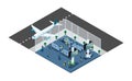 Isometric is a large airport hall, waiting room, a transaction area, passengers are waiting for boarding with a luggage, business