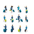 Isometric large Set of businessmen and business lady on a business trip, with luggage at the airport, front view and back view