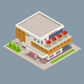 Isometric Large supermarket shopping 3d commercial center with shops and a cafe.