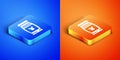 Isometric Laundry detergent for automatic wash machine icon isolated on blue and orange background. Square button