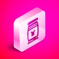 Isometric Laundry detergent for automatic wash machine icon isolated on pink background. Silver square button. Vector