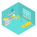 Isometric laundry room with equipment washing machine. Housework and household. Bathroom interior