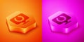 Isometric Laurel wreath icon isolated on orange and pink background. Triumph symbol. Hexagon button. Vector