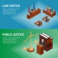 Isometric Law and Justice concept. Law theme, mallet of the judge, scales of justice, books, statue of justice vector