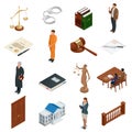 Isometric Law and Justice. Symbols of legal regulations. Juridical icons set. Legal juridical, tribunal and judgment