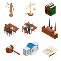 Isometric Law and Justice. Symbols of legal regulations. Juridical icons set. Legal juridical, tribunal and judgment