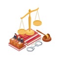 Isometric law and justice vector concept. 3D scale of justice, mallet, law book and judge isolated on white background Royalty Free Stock Photo