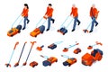 Isometric lawn mover icons set with people working with electric trimmers and lawnmowers isolated vector