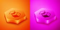 Isometric Layers icon isolated on orange and pink background. Hexagon button. Vector