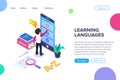 Isometric learning languages concept. Person learns foreign language via Internet by viewing video tutorials on the