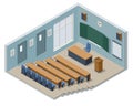 Isometric lecture hall, lecture audience. An empty large lecture room or University classroom with chairs isolated on