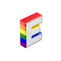 Isometric letter E gay pride rainbow flag font. 3D Rendering