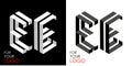 Isometric letter E in two perspectives. From stripes, lines. Template for creating logos, emblems, monograms. Black and