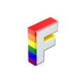 Isometric letter F gay pride rainbow flag font. 3D Rendering