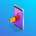 Isometric Letter and mailbox flying out of phone screen concept. Vector illustration. Mail Communication or Connection Royalty Free Stock Photo