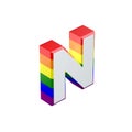Isometric letter N gay pride rainbow flag font. 3D Rendering