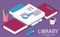 Isometric library creative concept for writing or blogging, school education,