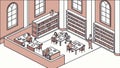 Isometric library interior with tables and bookshelves, vector design Generative AI Royalty Free Stock Photo