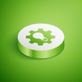 Isometric Light bulb and gear icon isolated on green background. Innovation concept. Business idea. White circle button