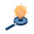 Isometric Light Bulb of Idea with Word Solution Inside Over Magnifying Glass