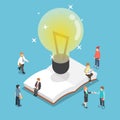 Isometric light bulb over an open book with business people