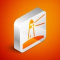 Isometric Lighthouse icon isolated on orange background. Silver square button. Vector