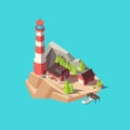 Isometric lighthouse. Island with tower and house, trees and boat at sea. 3d lighthouse tower vector illustration Royalty Free Stock Photo