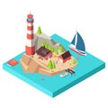 Isometric lighthouse. Island with tower and house, trees and boat at sea and men isometric vector illustration Royalty Free Stock Photo