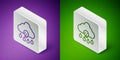 Isometric line Acid rain and radioactive cloud icon isolated on purple and green background. Effects of toxic air