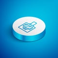 Isometric line Aftershave icon isolated on blue background. Cologne spray icon. Male perfume bottle. White circle button