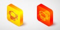 Isometric line Airship icon isolated on grey background. Yellow and orange square button. Vector