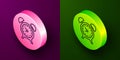 Isometric line Alarm clock icon isolated on purple and green background. Wake up, get up concept. Time sign. Circle