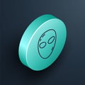Isometric line Alien icon isolated on black background. Extraterrestrial alien face or head symbol. Turquoise circle