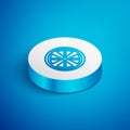 Isometric line Alloy wheel for a car icon isolated on blue background. White circle button. Vector Royalty Free Stock Photo
