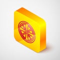 Isometric line Alloy wheel for a car icon isolated on grey background. Yellow square button. Vector