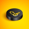 Isometric line Angle grinder icon isolated on yellow background. Black circle button. Vector