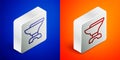 Isometric line Anvil for blacksmithing and hammer icon isolated on blue and orange background. Metal forging. Forge tool