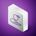 Isometric line Apple in hand icon isolated on purple background. Fruit with leaf symbol. Silver square button. Vector Royalty Free Stock Photo