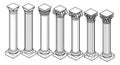 Isometric line art classical column set featuring doric, ionic and corinthian architectural orders for design projects Royalty Free Stock Photo