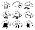 Isometric line art cloud computing icons set featuring servers, devices, and security for data storage and digital Royalty Free Stock Photo